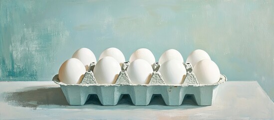 Aufkleber - Eight white chicken eggs arranged neatly in a light blue carton against a soft pastel cream blue background ideal for brunch and breakfast ideas.