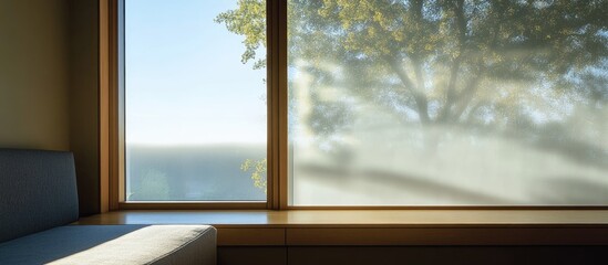 Poster - Serene morning light through frosted glass window with soft shadows and illumination, wooden frame, tree silhouette in background, calming atmosphere
