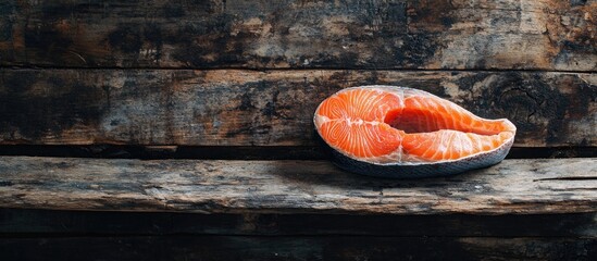 Aufkleber - Fresh salmon steak fillet in vibrant orange hue against a dark rustic wooden background showcasing rich textures and culinary appeal