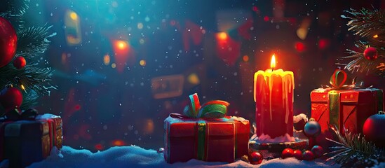 Aufkleber - Warm festive Christmas scene with a glowing candle surrounded by colorful gifts on snow, soft blue and red hues, creating a cozy atmosphere.