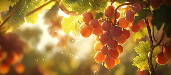 Poster - Golden grapes cluster on a vine in a sunlit vineyard at dawn, surrounded by soft green leaves, highlighting nature's abundant beauty.