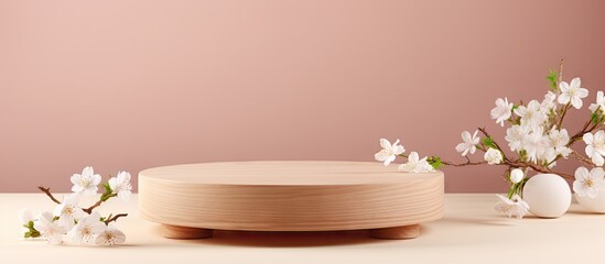 Aufkleber - Wooden podium with smooth round surface positioned left center surrounded by delicate white cherry blossoms against soft pastel beige background