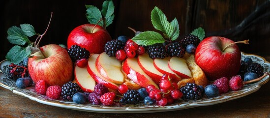 Poster - Elegant platter featuring sliced red apples and an array of vibrant berries, showcasing fresh ripe colors against a rustic wooden backdrop.