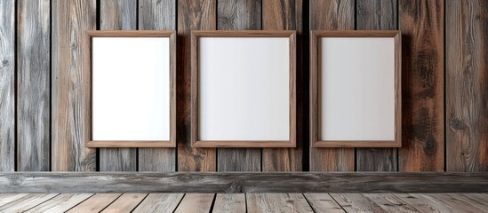 Aufkleber - Wooden wall background featuring three empty wooden frames arranged horizontally, providing an ideal mockup presentation setting for creative projects.