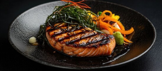 Poster - Grilled salmon steak on a dark plate with vibrant green seaweed and colorful pickled veggies showcasing a nutritious and flavorful meal.