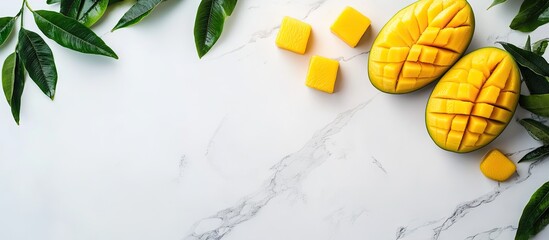 Poster - Vibrant yellow mango halves and cubes with green leaves arranged on a pristine white marble background showcasing fresh textures and colors