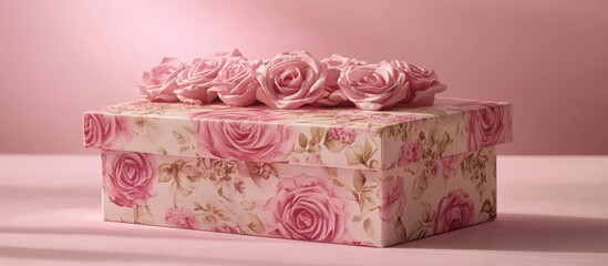 Poster - Delicate pink gift box decorated with soft roses on top, resting on a light pink surface, set against a gentle pink background for elegance.