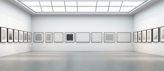 Poster - Spacious modern art gallery featuring blank picture frames on white walls, illuminated by soft overhead lighting, creating an airy, minimalist ambiance.
