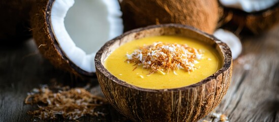 Poster - Coconut curry sauce served in a halved coconut shell with a rich golden color topped with shredded coconut and set on a rustic wooden table