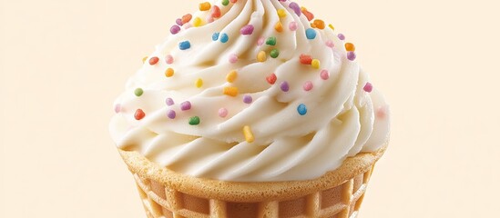 Poster - Delightful vanilla ice cream swirled in a waffle cone topped with vibrant sprinkles against a soft beige background perfect for summer treats.