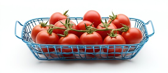 Poster - Vibrant red tomatoes arranged in a blue wire basket on a white background highlighting their freshness and the basket's unique design.