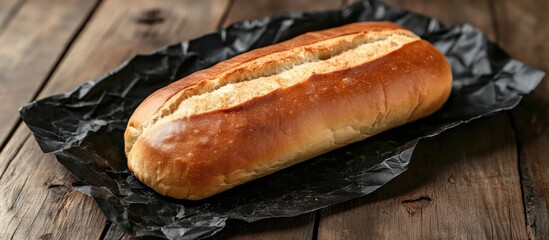 Poster - Artisanal sourdough baguette loaf on crumpled black paper placed on rustic wooden floor showcasing golden crust and soft interior for a warm ambiance