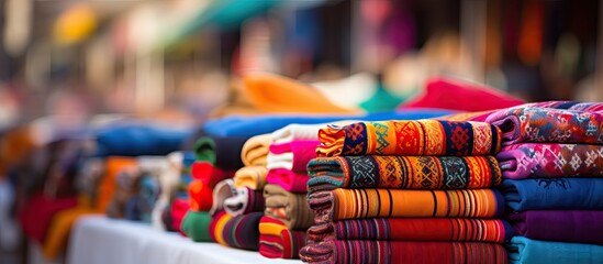 Poster - Colorful ethnic blankets and hammocks with intricate Aztec patterns neatly arranged on display at a vibrant street market with soft natural light.