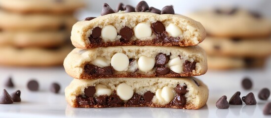 Aufkleber - Luscious stack of golden vanilla chocolate chip cookies with vibrant chocolate chips layered in a fresh light background showcasing texture and flavor