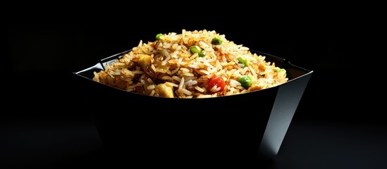 Poster - Delicious fried rice in a black bowl with vibrant vegetables against a dark background highlighting the textures and colors of the dish