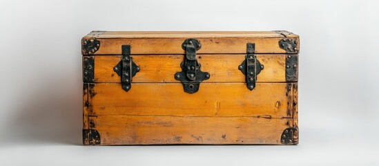 Poster - Vintage cedar chest with intricate black metal hardware against a soft white background showcasing warm wooden tones and rustic design elements.