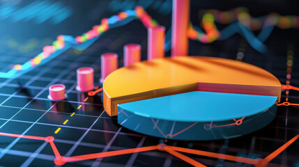 Poster - Colorful pie chart and bar graph on digital background, representing data analysis and statistics. vibrant colors enhance visual appeal of financial data