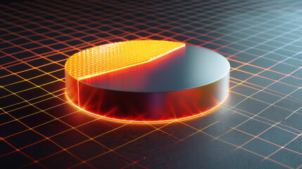 Poster - glowing circular object with textured surface, set against grid background, creates futuristic and dynamic visual. interplay of light and shadow enhances its three dimensional appearance
