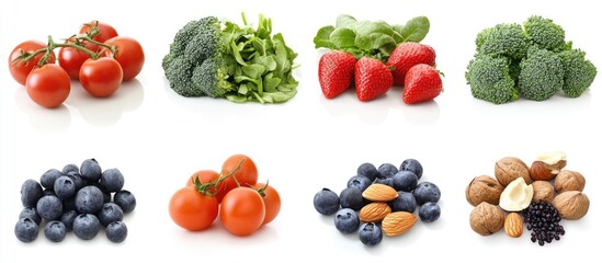 Poster - Fresh assortment of vibrant fruits and vegetables on a white background featuring red tomatoes green broccoli lettuce strawberries blueberries almonds and hazelnuts