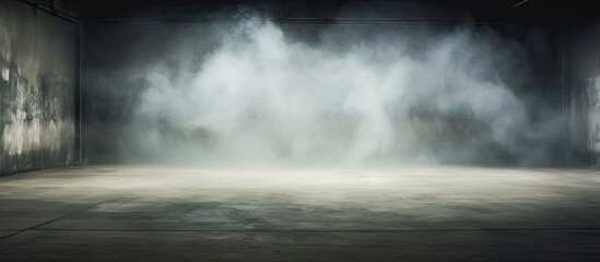 Leinwandbilder - Empty industrial concrete space with soft gray smoke on a clean floor creating an atmospheric mood in dim lighting and shadows on walls.