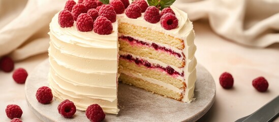 Poster - Exquisite white raspberry cake with layered sponge and cream frosting, topped with fresh raspberries, presented on a gray stone surface.