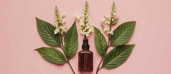 Poster - Flat lay of dark glass cosmetic bottle surrounded by lush green leaves and white flowers on a soft pastel pink background showcasing natural beauty