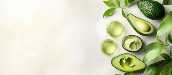 Poster - Fresh avocados and green leaves arranged artistically on a light beige background with a soft gradient highlighting natural textures.