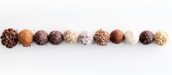 Poster - Assorted energy balls arranged neatly on a white wooden background showcasing various textures and colors, highlighting a healthy dessert option.