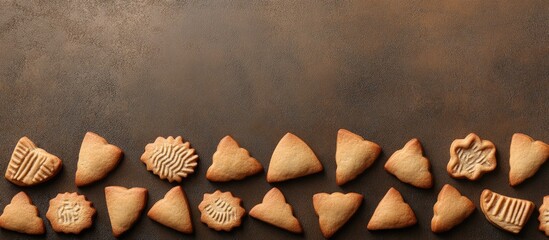 Poster - Festive brown backdrop with a linear arrangement of uniquely shaped holiday cookies, creating a warm and inviting bakery theme with ample copy space.