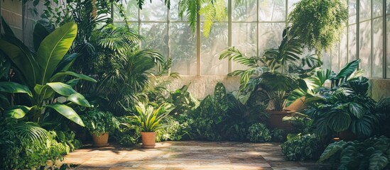 Aufkleber - Lush green foliage in a sunlit greenhouse creates a serene atmosphere with vibrant plants arranged in terracotta pots against soft, natural light.