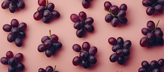 Poster - Vibrant purple grapes arranged in clusters on a soft pink background highlighting the freshness and appeal of organic fruits for healthy eating