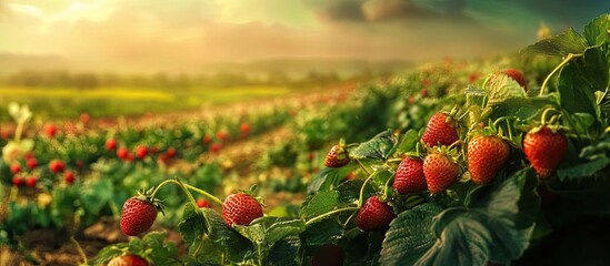 Poster - Vibrant green summer field with ripe red strawberries in the foreground against a golden sunset sky highlighting nature's bounty and joy.