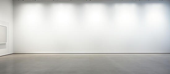 Poster - Minimalist empty museum gallery with white walls and polished concrete floor, ample space for art display on left side, bright lighting above.
