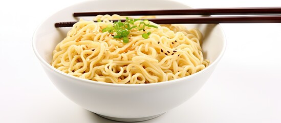 Aufkleber - Delicious bowl of steaming hot noodles with green garnish, presented in a white bowl, chopsticks elegantly resting atop a white background.