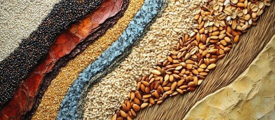 Poster - Top view display of diverse grains including rice, wheat, and oats arranged in layers showcasing unique textures, colors, and natural patterns.