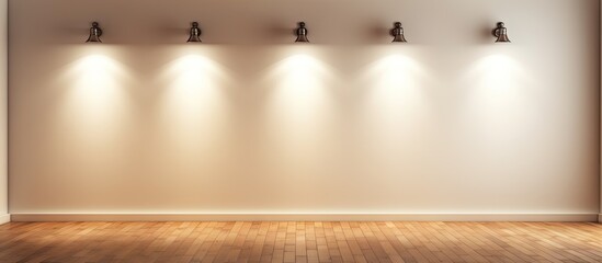 Poster - Bright empty white wall illuminated by five spotlights casts soft shadows on warm wooden floor creating a spacious minimalist interior ambiance.