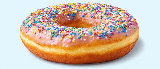 Poster - Colorful pink frosted doughnut with vibrant multicolored sprinkles on a light blue background, centered to highlight its delicious appeal.