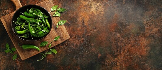 Aufkleber - Vibrant green chili peppers arranged in a black pot on a wooden cutting board with a dark rustic background enhancing culinary simplicity