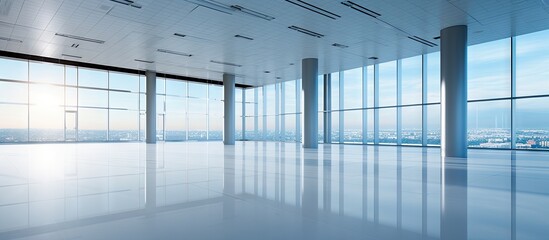 Aufkleber - Spacious empty modern office interior with glossy white floor and panoramic windows showcasing bright blue sky and city skyline in background