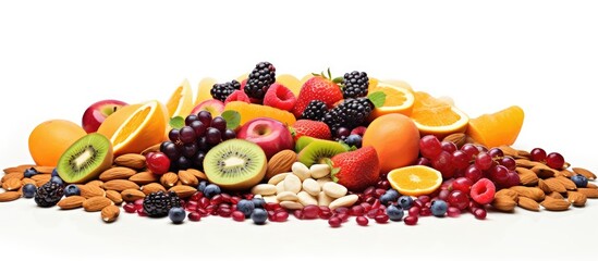 Poster - Vibrant arrangement of assorted nuts and fruits including oranges, grapes, kiwi, almonds, and berries on a white background showcasing healthy snacks.