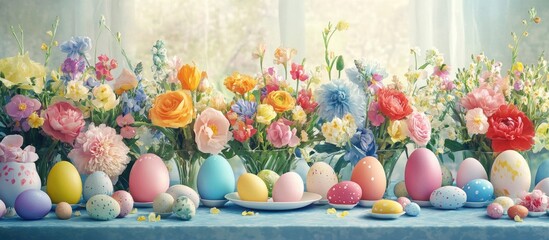 Aufkleber - Vibrant Easter lunch table setting with colorful flowers and pastel Easter eggs arranged elegantly on a blue tablecloth by a sunlit window