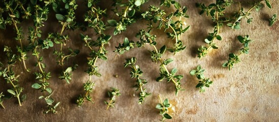 Aufkleber - Fresh green thyme sprigs scattered on a rustic wooden surface with natural lighting highlighting the vibrant colors for culinary inspiration