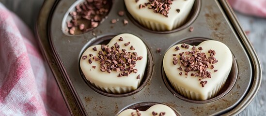 Poster - Heart shaped white chocolate muffins in a metal pan, topped with cacao nibs, set against a soft gray and red cloth background, ideal for celebrations.