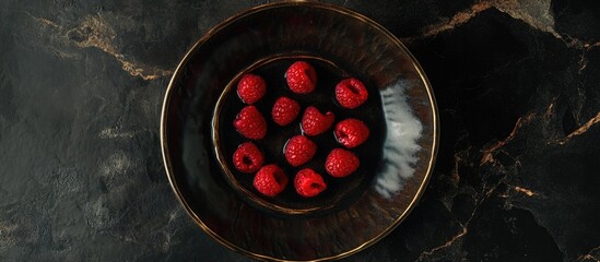 Poster - Vibrant red raspberries arranged in a dark ceramic dish against a textured black background showcasing their freshness and culinary appeal