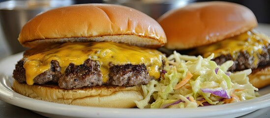 Aufkleber - Golden brown potato cheeseburgers topped with melted cheddar cheese served alongside vibrant coleslaw on a white plate ready for enjoyment