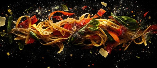 Poster - Vibrant Italian spaghetti primavera with colorful vegetables on a dark textured background showcasing culinary artistry and rich parmesan highlights.
