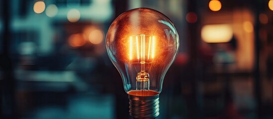 Aufkleber - Illuminating vintage light bulb glowing warmly with three filaments against a blurred dark background creating an inviting ambiance for creativity