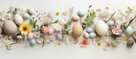 Aufkleber - Easter celebration styled flat lay featuring pastel eggs and floral arrangements with a light background showcasing a serene and eco-friendly theme.