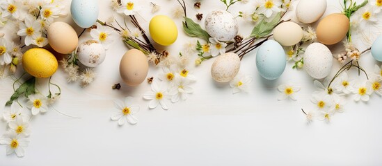 Poster - Easter decoration flat lay featuring pastel-colored eggs in yellow, blue, and neutral tones arranged with white daisies on a light background.