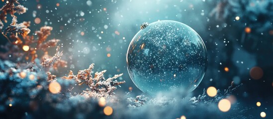 Aufkleber - Magical winter ambiance with a snow globe center in shades of blue and white surrounded by softly glowing bokeh lights and gentle snowflakes falling